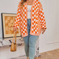 Orange Checkered Bubble Sleeve Drop Shoulder Open Cardigan