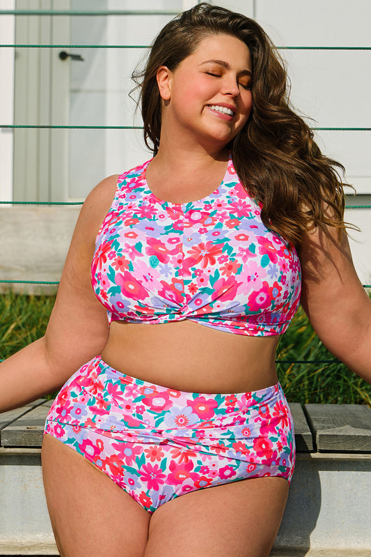 Rose Floral Print Twisted High Waist Bikini Set