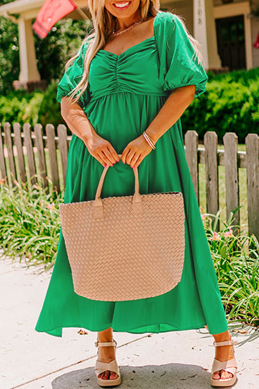 Ruched Front Puff Sleeve Long Dress