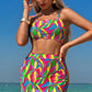 Multicolour Abstract Print Textured Spaghetti Strap High Waist Bikini Set