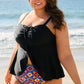 Black Drawstring Tied Front Flared Top Geometric Print Bottom Tankinis