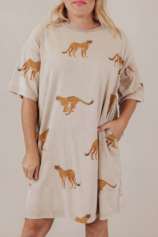 Cheetah Print Side Pockets T Shirt Mini Dress