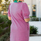 Rose Stripe Collared V Neck Puff Sleeve T Shirt Dress w/ Pockets