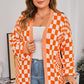 Orange Checkered Bubble Sleeve Drop Shoulder Open Cardigan