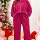 Rose Red Ribbed Long Sleeve Shirt and Pants Pajama Set