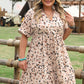 Beige Printed Surplice V Neck Cuffed Sleeve Empire Waist Dress
