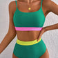 Sea Green Contrast Trim Colorblock Patchwork High Waisted Bikini