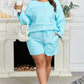 Aruba Blue Solid Color Splicing Raw Hem Pullover Top Shorts Set