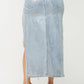 DEMI LUXE Denim Metallic Foil Side Slit Rhinestone Fringe Maxi Skirt