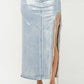 DEMI LUXE Denim Metallic Foil Side Slit Rhinestone Fringe Maxi Skirt