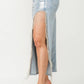 DEMI LUXE Denim Metallic Foil Side Slit Rhinestone Fringe Maxi Skirt