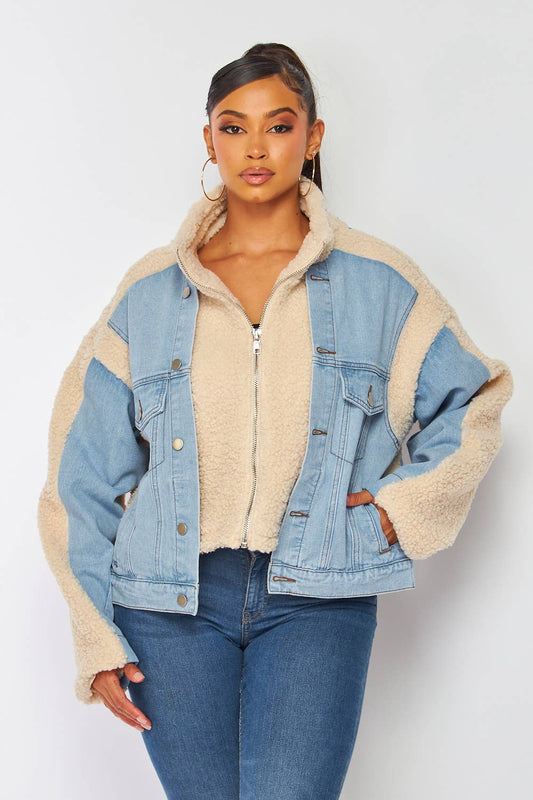 Denim Sherpa Panel Jacket – Cozy Faux Shearling, Relaxed Fit & Classic Style