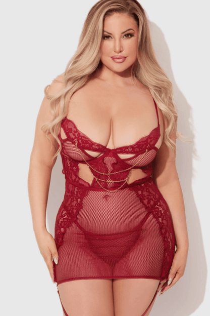 DEZI CURVY LACE & CHAIN CHEMISE LINGERIE SET