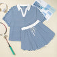 Blue Stripe Short Sleeve Collared V Neck Top Short Set