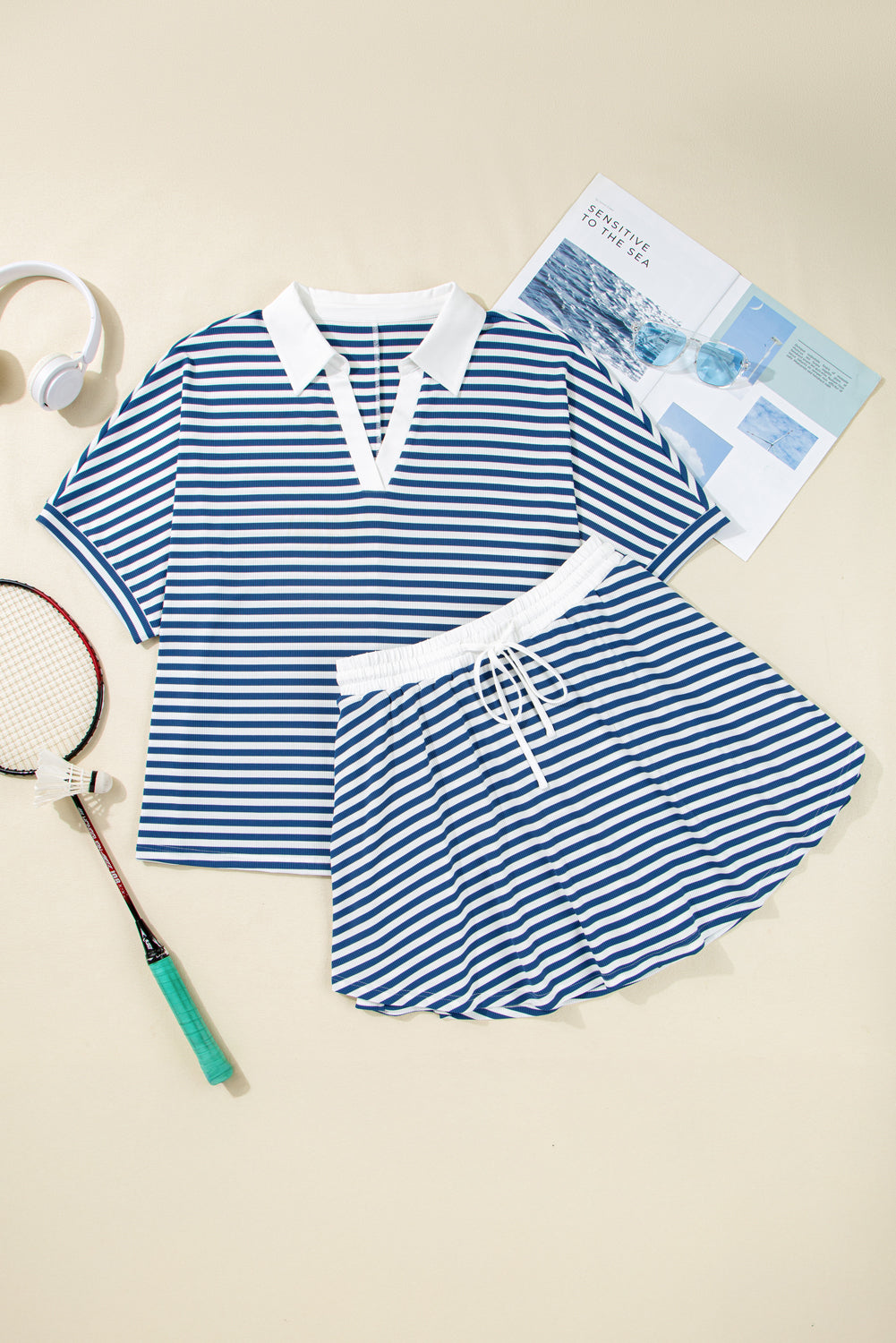 Blue Stripe Short Sleeve Collared V Neck Top Short Set