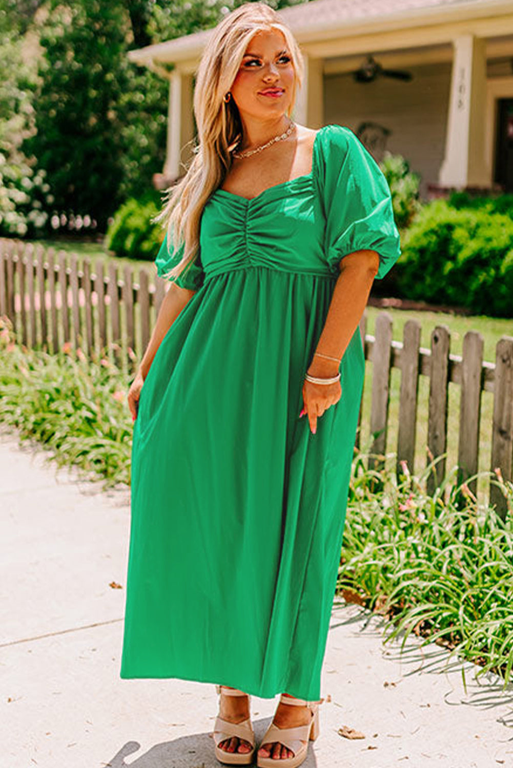 Ruched Front Puff Sleeve Long Dress