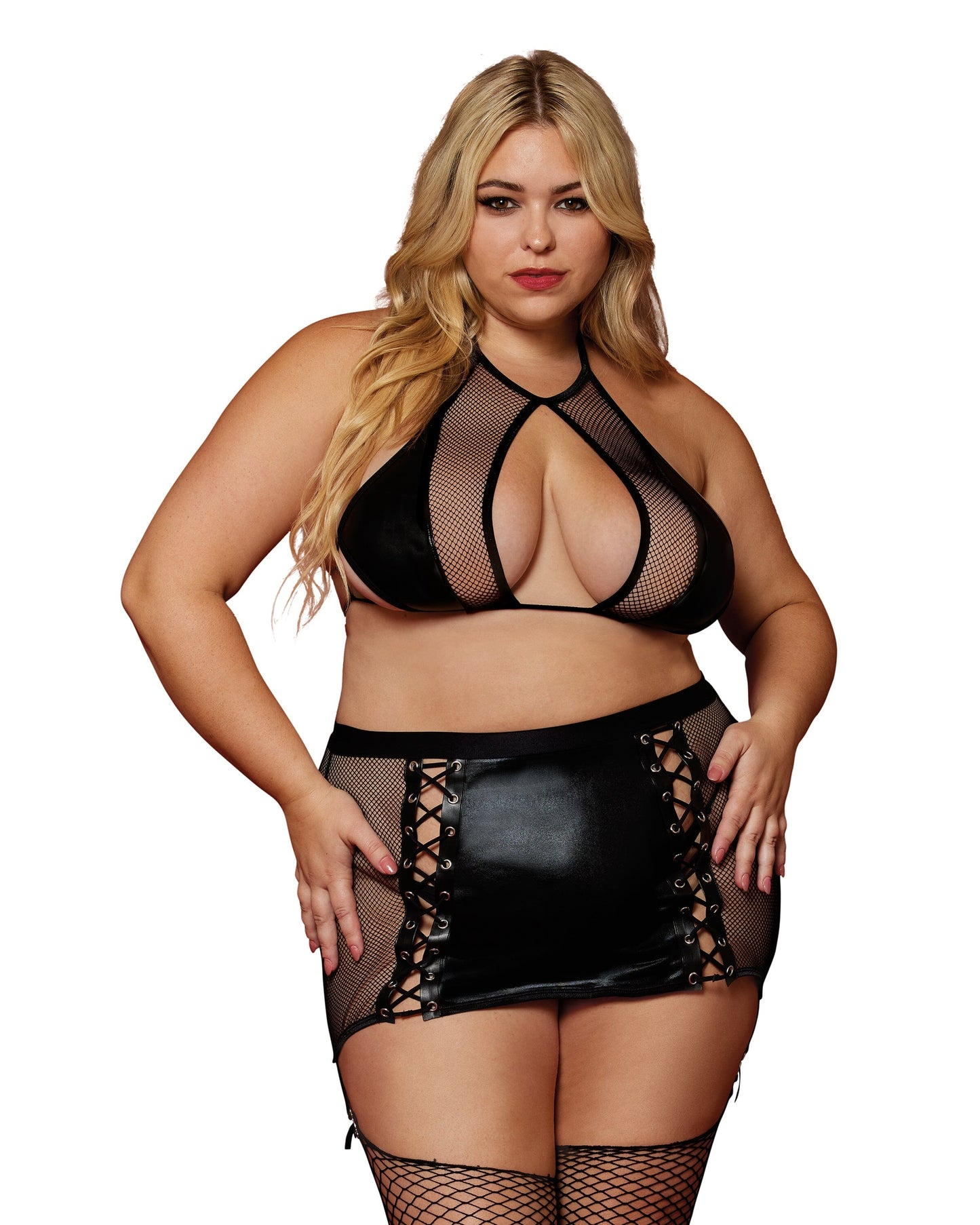 Fetish Faux-Leather and Fishnet Bralette and Garter Skirt Set