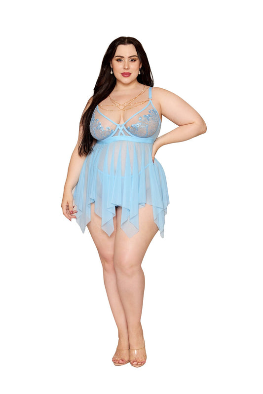 Artic Blue Mesh Lace Babydoll & G-String