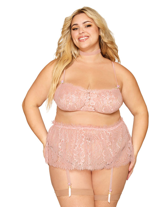 Eyelash Lace Bralette, Garter Skirt, and Choker Set with Satin Rosettes and Fishnet Elastic Trim