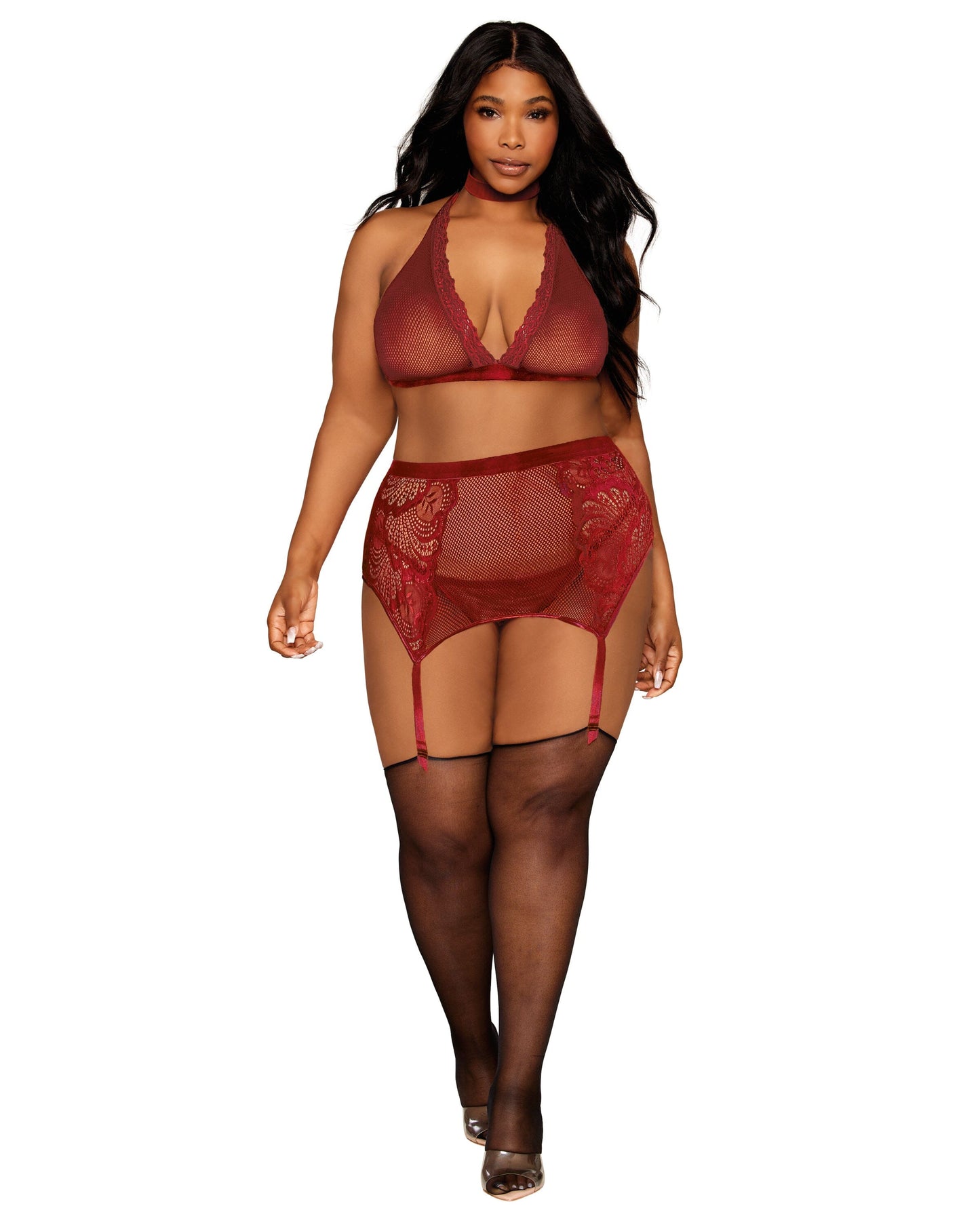 fishnet & Lace Velvet Trims Halter Bralette & Garter Belt