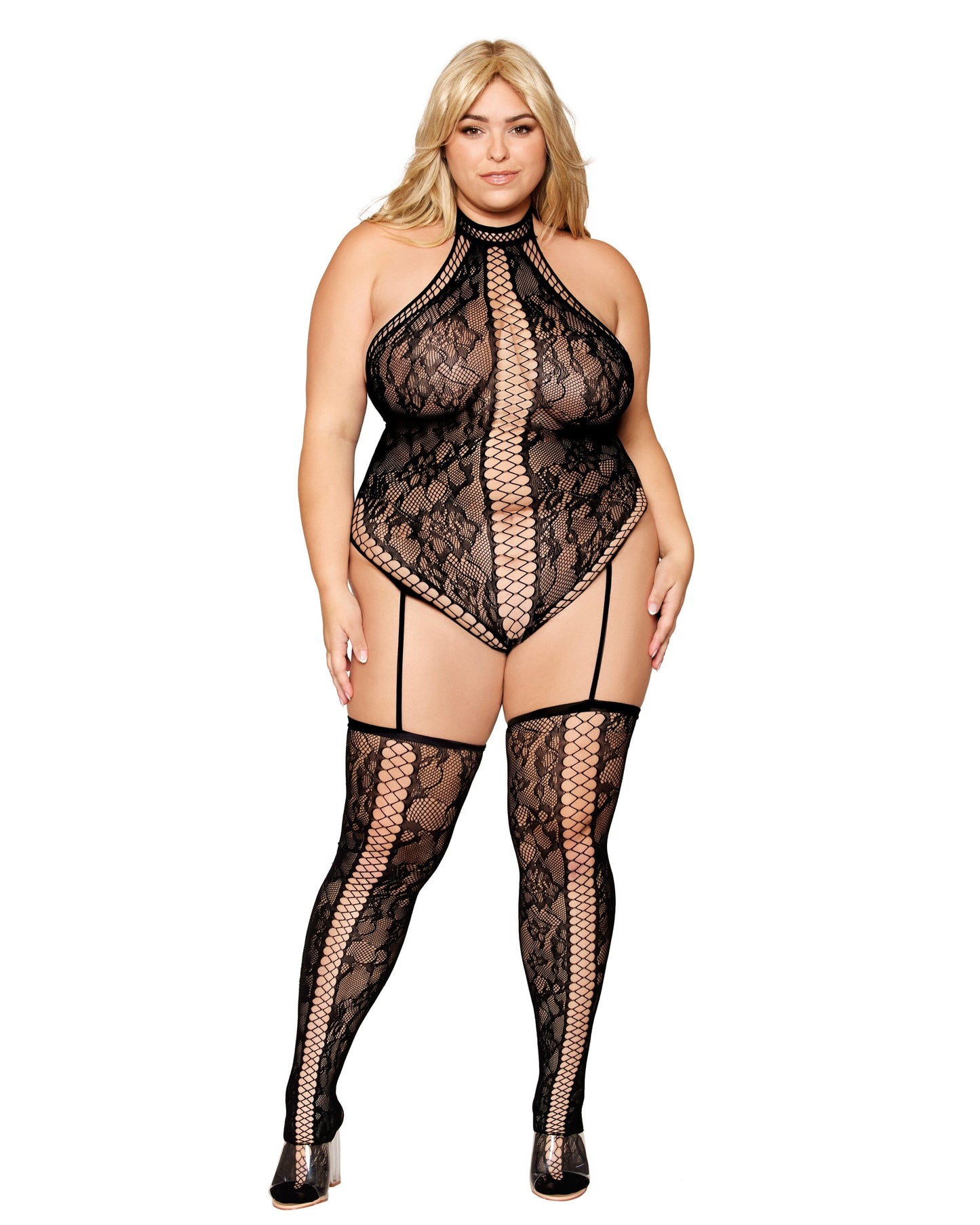 Lace Teddy Bodystocking with Thigh High Stockings