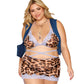 Leopard Printed Mesh with Contrast Scalloped Lace Bralette, Garter Skirt, and G-string Set