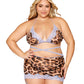 Leopard Printed Mesh with Contrast Scalloped Lace Bralette, Garter Skirt, and G-string Set