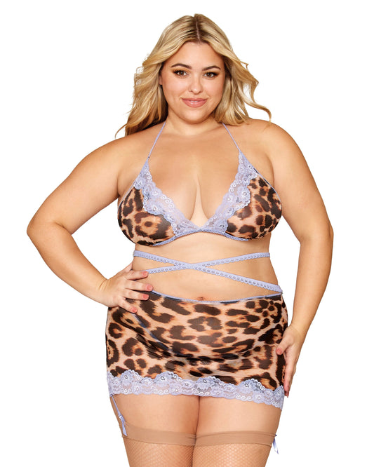 Leopard Printed Mesh with Contrast Scalloped Lace Bralette, Garter Skirt, and G-string Set