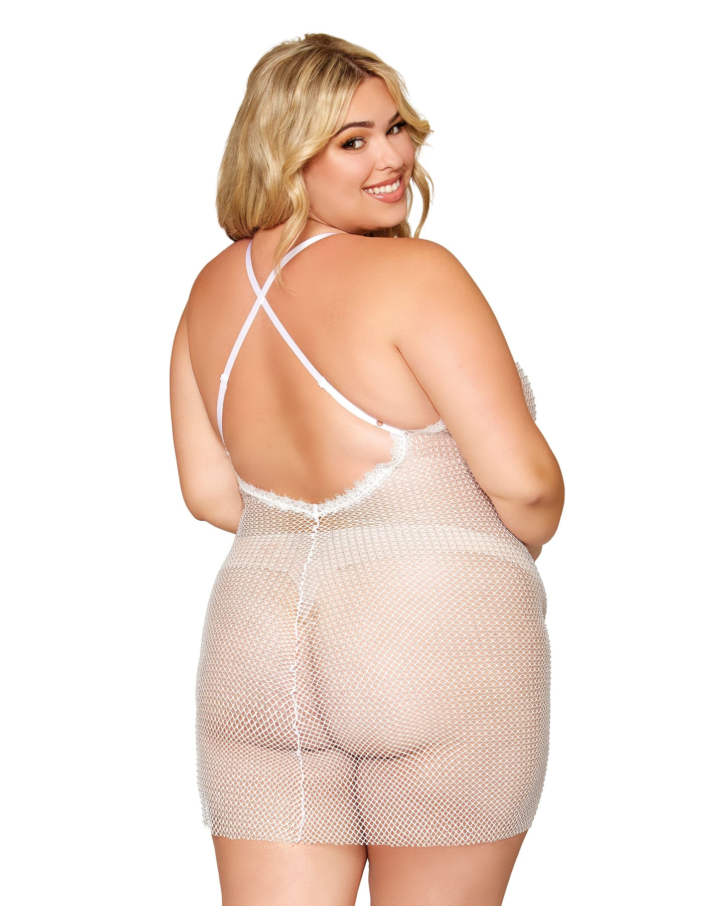 Rhinestone Embellished Fishnet Chemise witth Eyelash Lace Trim