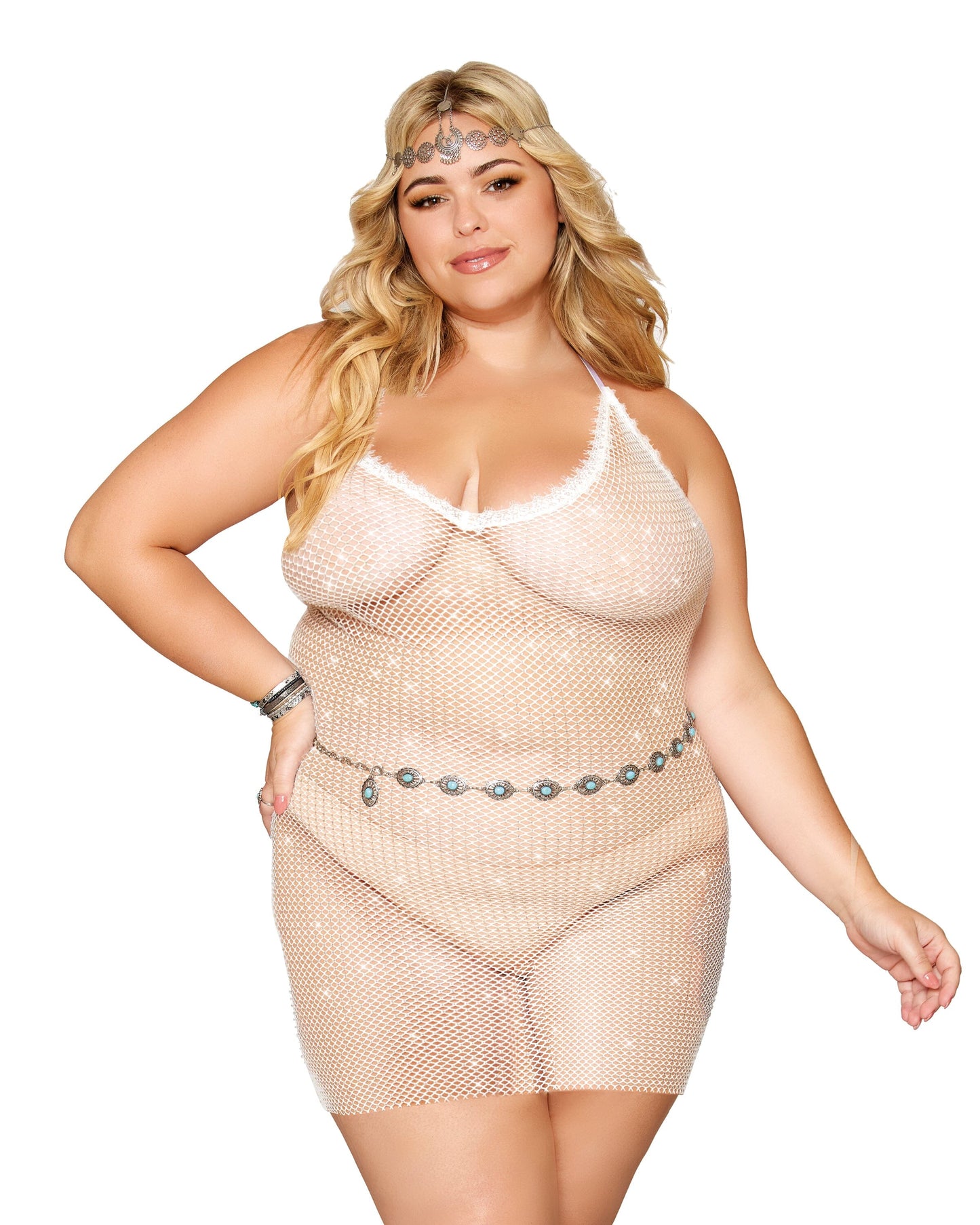 Rhinestone Embellished Fishnet Chemise witth Eyelash Lace Trim