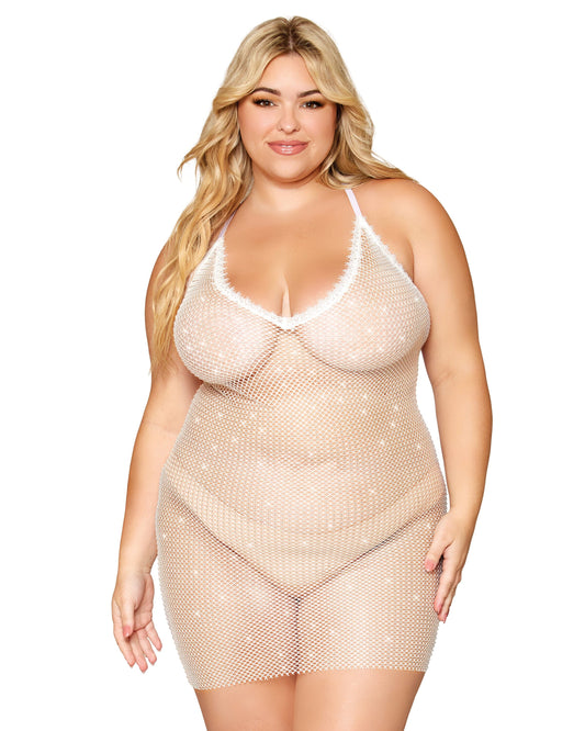 Rhinestone Embellished Fishnet Chemise witth Eyelash Lace Trim