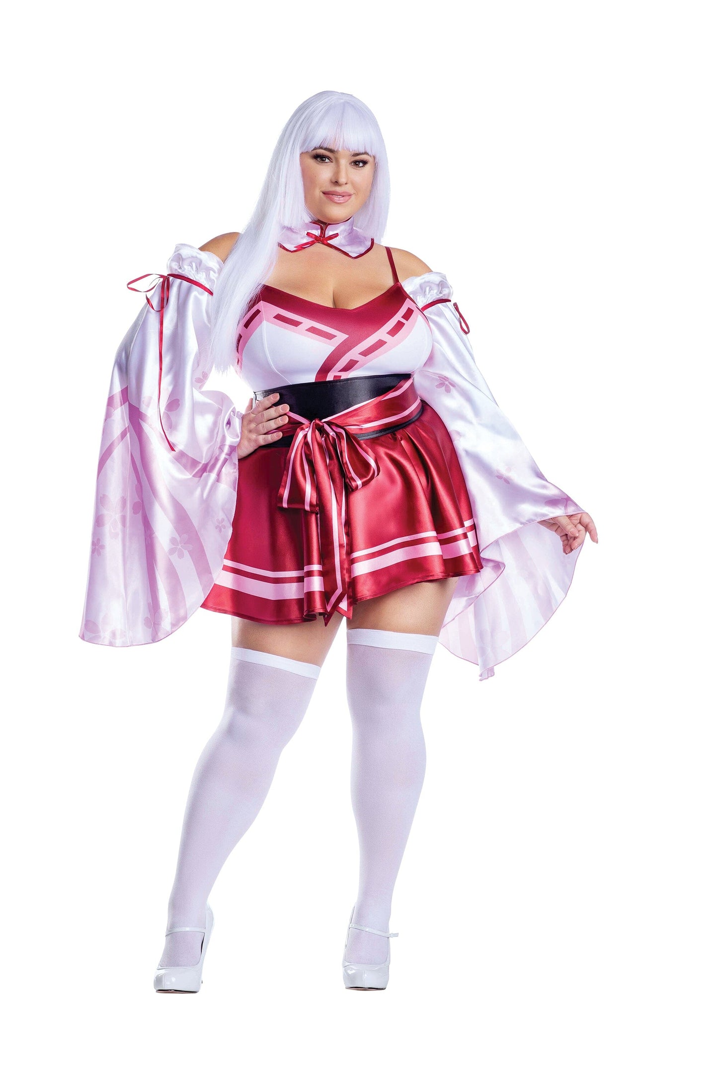 Sakura Shrine Maiden Satin Circle Skirt Dress with Bow Detail Women’s Costume – Japanese-Inspired Outfit