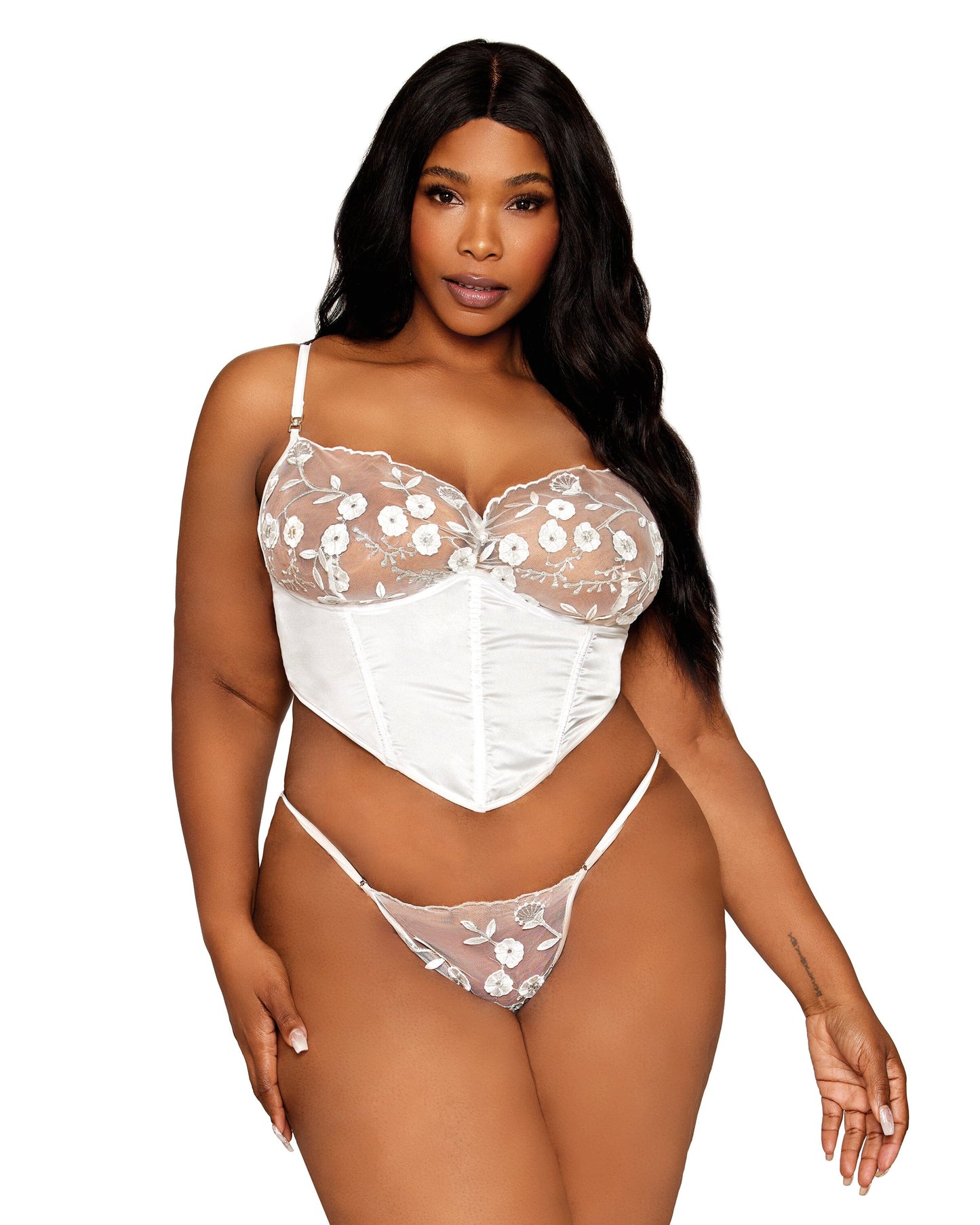 Satin and 3D Embroidery Bustier and G-string Set