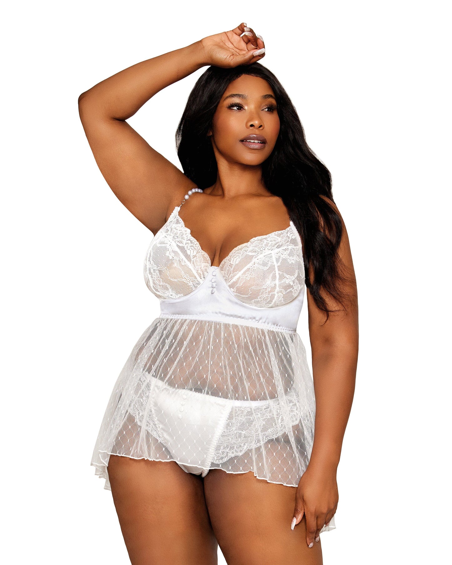 Satin, Stretch Lace, and Diamond Mesh Babydoll and Panty Set