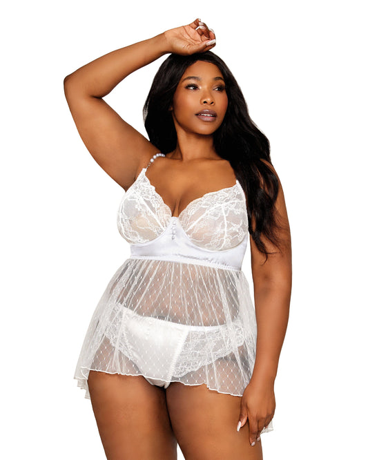 Satin, Stretch Lace, and Diamond Mesh Babydoll and Panty Set