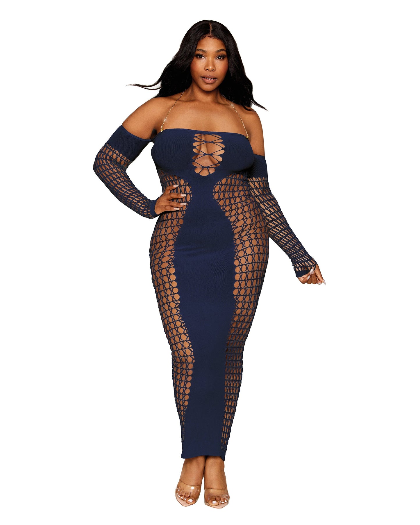 Seamless Bodystocking Gown with Removable Gold Halter Chain