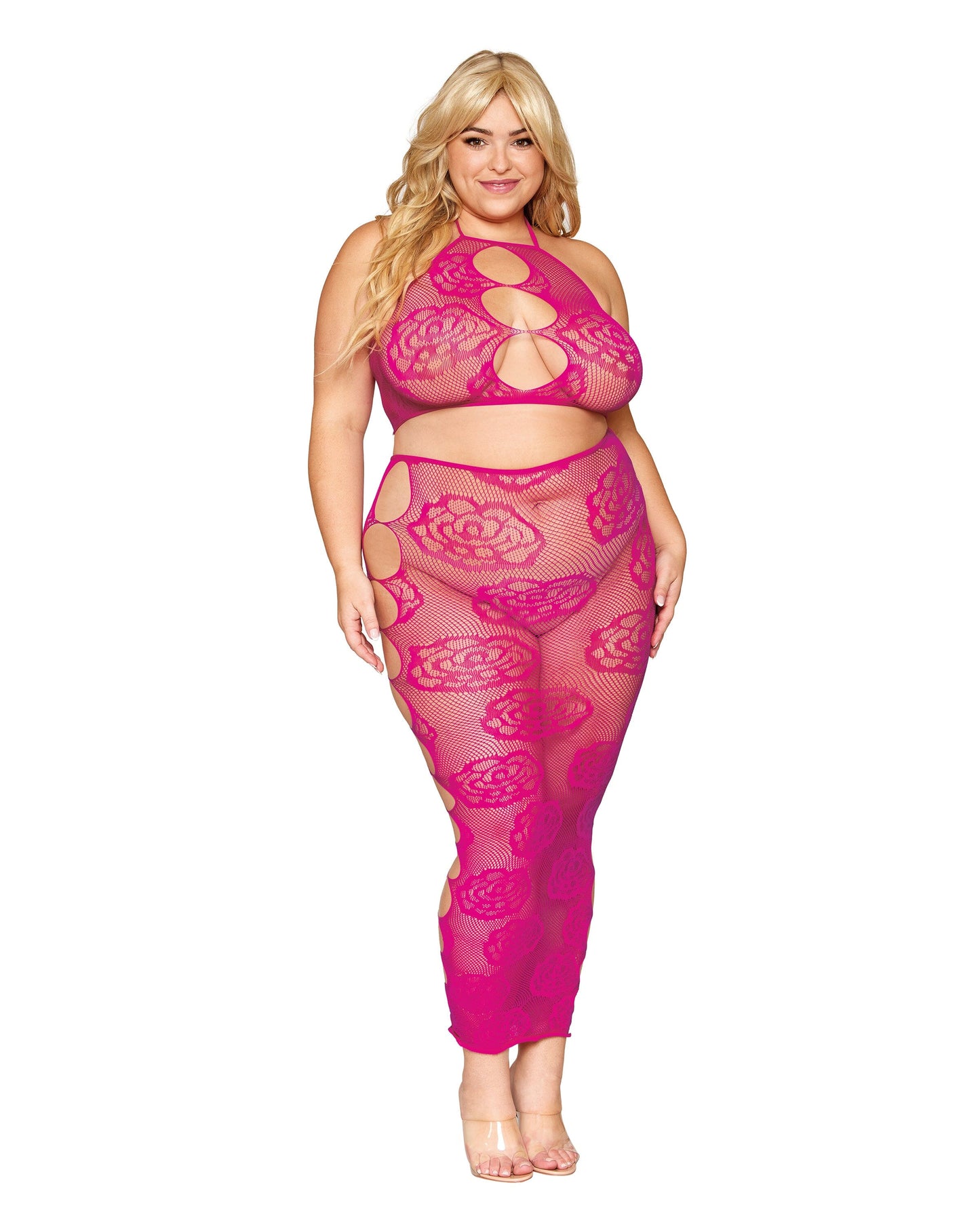 Seamless Bralette and Long Skirt Set with Knitted Large Rose and Fishnet Pattern