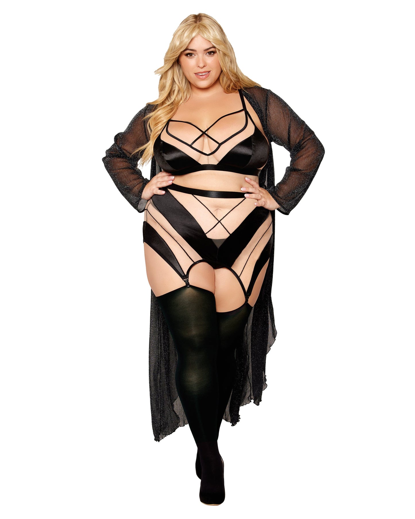 Sheer Panel Bralette, Garter Skirt, and G-String Set
