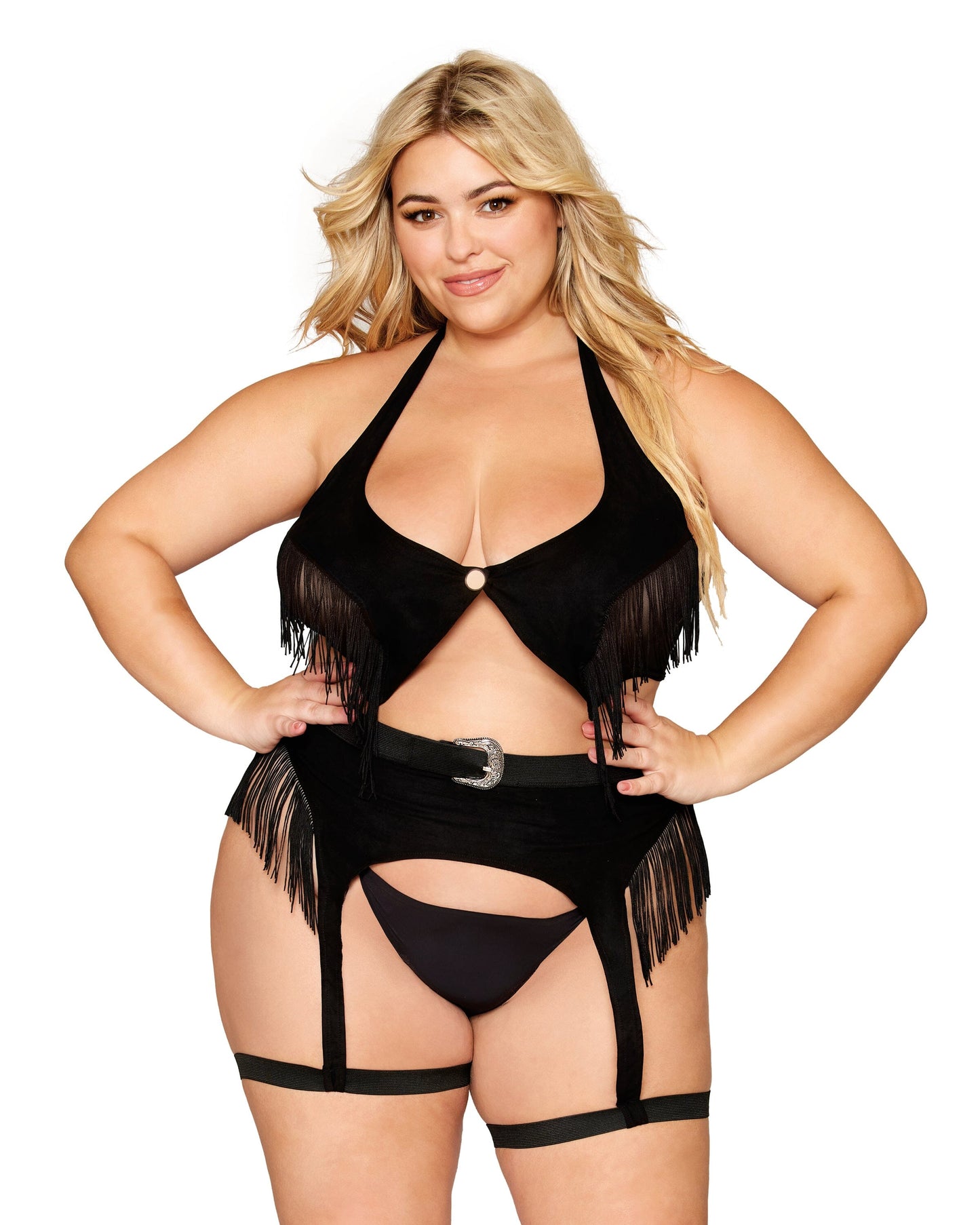 Western-Themed Faux-Leather Bralette and Garter Belt Bedroom Costume Set with Fringe Details
