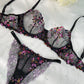 Midnight Blossom Lace Embroidered Lingerie Set