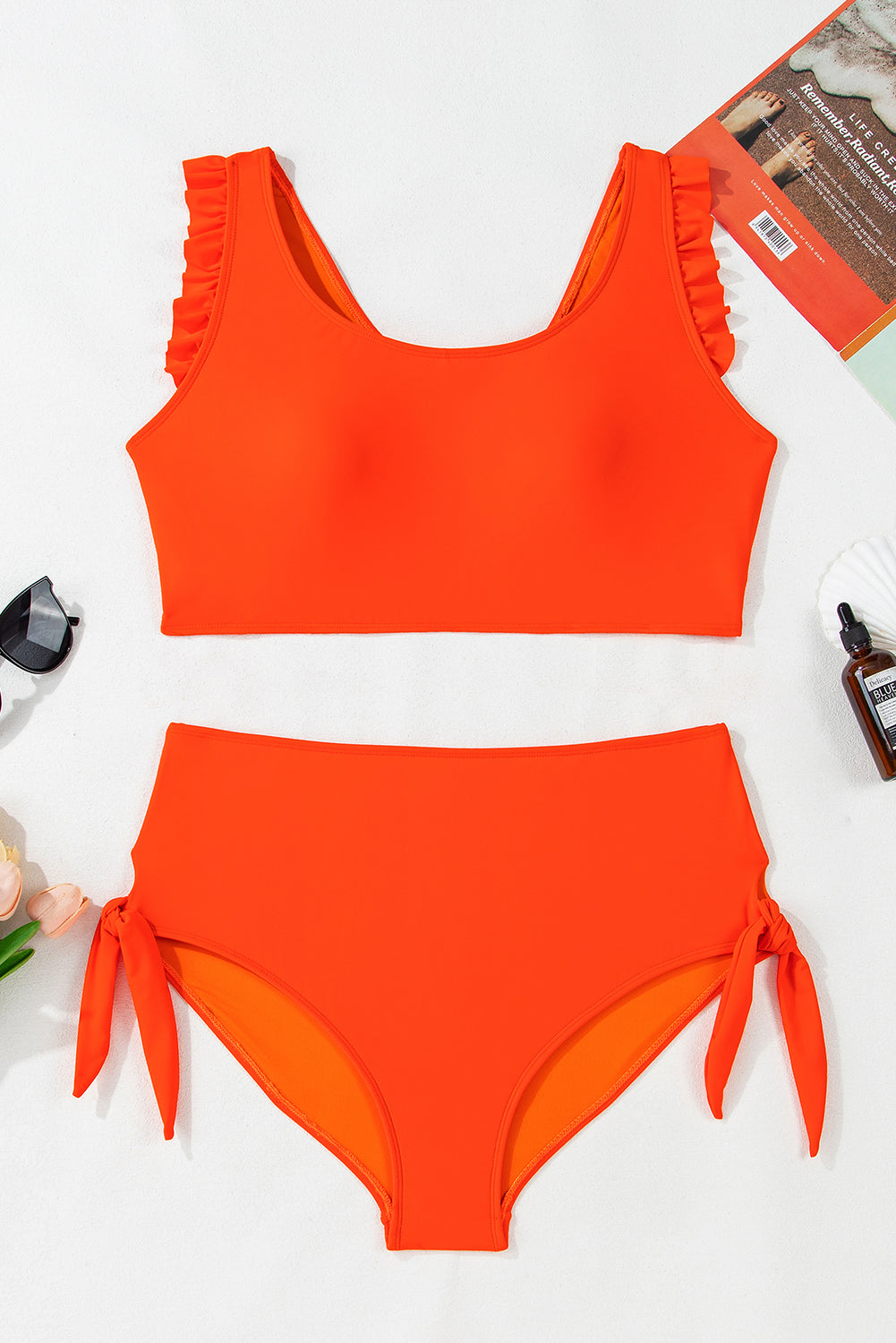 Orange Ruffled Trim Knotted High Waist Bikini Set