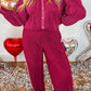 Rose Red Ribbed Long Sleeve Shirt and Pants Pajama Set