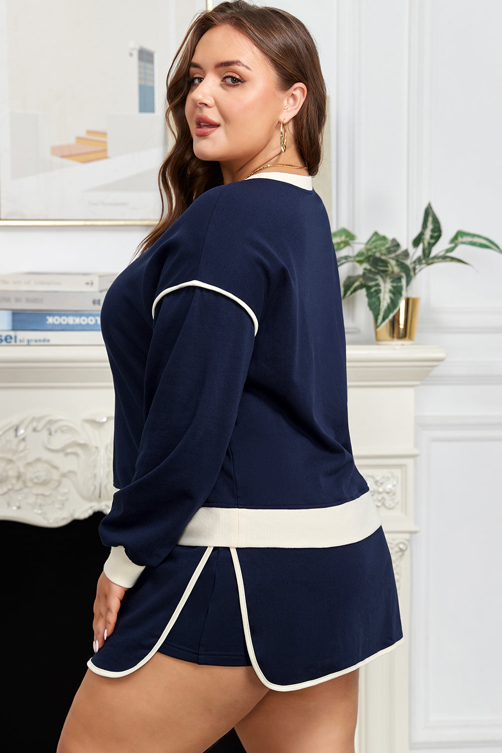 Navy Blue Color Block Drop Shoulder Top and Lace-up Skirt Outfit