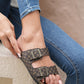 Coffee Geometric Print Cut Out Buckle PU Leather Flat Slippers