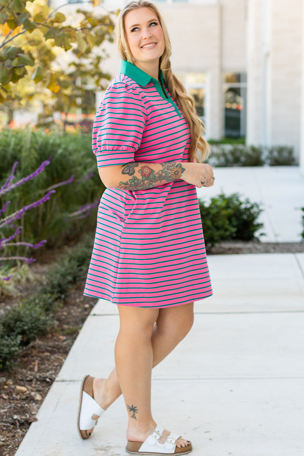 Rose Stripe Collared V Neck Puff Sleeve T Shirt Dress w/ Pockets