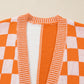 Orange Checkered Bubble Sleeve Drop Shoulder Open Cardigan