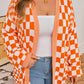 Orange Checkered Bubble Sleeve Drop Shoulder Open Cardigan