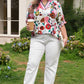 Pink V Neck Short Puff Sleeve Floral Blouse