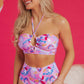 Pink Floral Printed Halter Neck High Waist Bikini