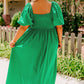 Ruched Front Puff Sleeve Long Dress